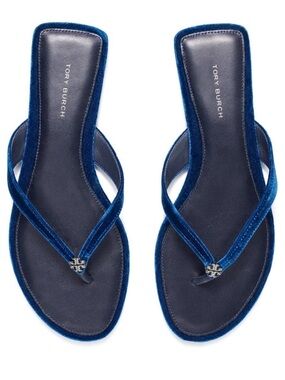 Tory Burch Royal Blue Velvet Thong Sandals with Logo Accent